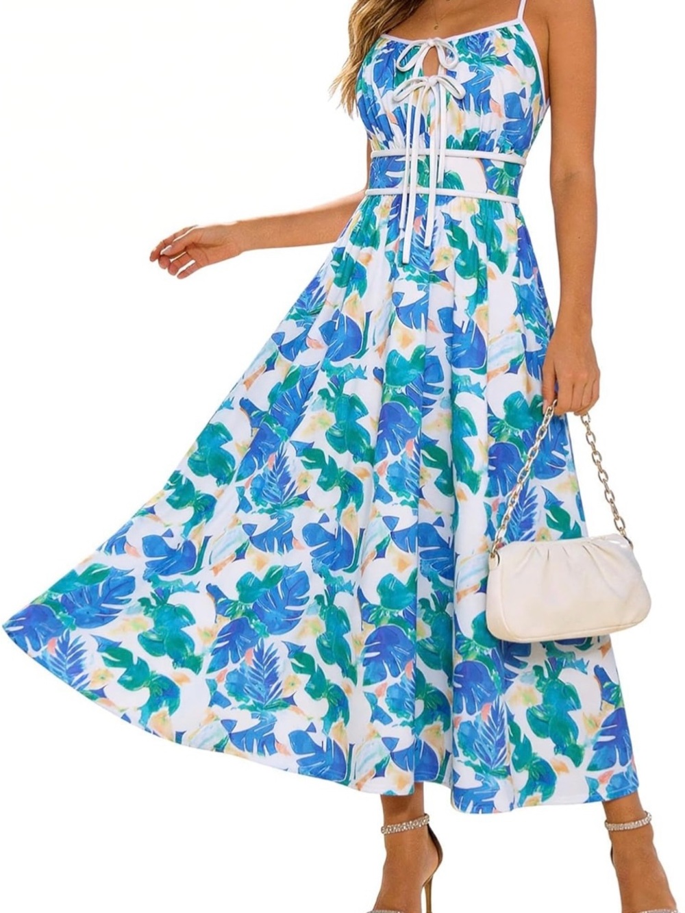 Grace Karin Blue & Green Floral Tie-Front Maxi Dress